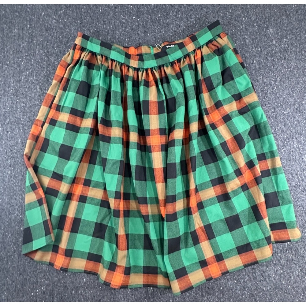 ModCloth x Collectif Jasmine Log Check Swing Skirt Pocket Zip Green Orange Sz 18